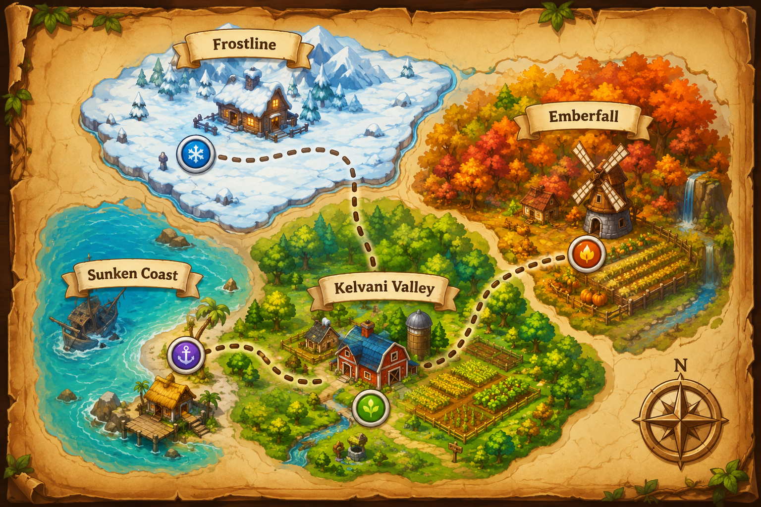 Illustrated map of Kelvani's four regions: Kelvani Valley, Emberfall, Sunken Coast, and Frostline